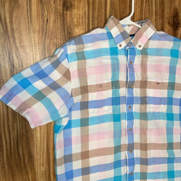 Johnnie O men’s shirt large hangin out short sleeve button down linen gingham - Picture 2 of 8